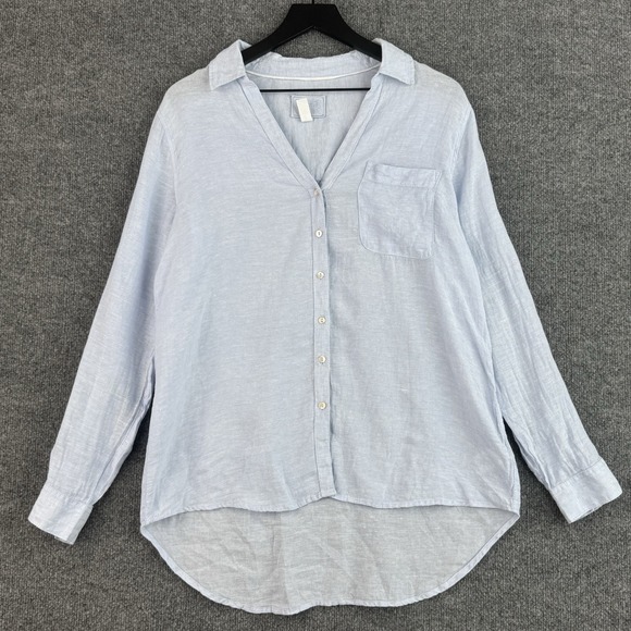 Sigrid Olsen Tops - Sigrid Olsen Linen Button Up Shirt Womens M Blue Tucked Tail Hem Long Sleeve